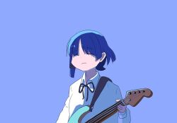 Rule 34 | 1girl, blue background, blue hair, blue theme, bocchi the rock!, closed eyes, guitar, highres, holding, holding guitar, holding instrument, instrument, shirt, short hair, simple background, solo, standing, surume45, upper body, white shirt, yamada ryo