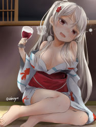 Rule 34 | 1girl, akino shuu, alcohol, animal print, bare legs, barefoot, blush, breasts, brown eyes, collarbone, conte di cavour (kancolle), cup, drinking glass, drunk, fish print, goldfish print, holding, holding cup, japanese clothes, kantai collection, kimono, large breasts, long hair, long sleeves, obi, open mouth, sash, silver hair, solo, squeans, twitter username, two side up, white kimono, wide sleeves, wine, wine glass, yukata
