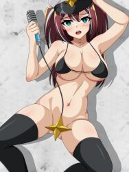 Rule 34 | 1girl, absurdres, akoya matama, bikini, bikini top only, black thighhighs, blue eyes, blush, bottomless, breasts, brown hair, covering crotch, covering privates, feet out of frame, gluteal fold, hand on headwear, hat, highres, holding, holding microphone, large breasts, loco musica, long bangs, long hair, looking at viewer, lying, mahou shoujo ni akogarete, microphone, military hat, multicolored hair, no panties, on back, open mouth, otozato yomi, shadow, shiny skin, solo, star tattoo, stomach, streaked hair, swimsuit, tattoo, teeth, thighhighs, upper teeth only