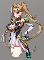 Rule 34 | 1girl, alternate hairstyle, bare legs, bare shoulders, blonde hair, breasts, chest jewel, cleavage, cleavage cutout, clothing cutout, dress, earrings, elbow gloves, gloves, highres, jewelry, large breasts, long hair, mythra (xenoblade), nakazou2000, short dress, solo, swept bangs, thigh strap, tiara, twintails, very long hair, white dress, white gloves, xenoblade chronicles (series), xenoblade chronicles 2, yellow eyes