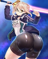 Rule 34 | 1girl, ahoge, artoria pendragon (fate), ass, bike shorts, black-framed eyewear, blonde hair, breasts, closed mouth, cowboy shot, excalibur (fate/stay night), fate/grand order, fate (series), from behind, glasses, gym uniform, hair between eyes, hinata sora, holding, holding sword, holding weapon, huge ass, long sleeves, looking at viewer, looking back, medium breasts, mysterious heroine x alter (fate), name tag, open jacket, semi-rimless eyewear, solo, sword, v-shaped eyebrows, weapon, yellow eyes
