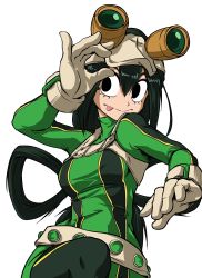 Rule 34 | 1girl, :&gt;, absurdres, asui tsuyu, bodysuit, boku no hero academia, gloves, goggles, goggles on head, green bodysuit, green hair, highres, long hair, low-tied long hair, mole, mole under eye, shukeiart, solo, tongue, tongue out, white background