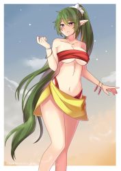 Rule 34 | 1girl, bandeau, bangle, bare arms, bare legs, bare shoulders, bikini, blush, bracelet, breasts, collarbone, commentary, commission, english commentary, feet out of frame, fire emblem, fire emblem: mystery of the emblem, green eyes, green hair, hair between eyes, hand up, highres, jewelry, large breasts, long hair, mian (parapa kun), nagi (fire emblem), navel, nintendo, outdoors, parted lips, pointy ears, ponytail, red bikini, sarong, second-party source, solo, standing, stomach, strapless, strapless bikini, swimsuit, thighs, tube top, very long hair
