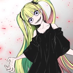 Rule 34 | 1girl, black eyes, blonde hair, clothing cutout, constricted pupils, dress, ear piercing, evil smile, fangs, green hair, hair ornament, head tilt, highres, long hair, multicolored hair, nemu r14, original, piercing, pink hair, shoulder cutout, smile, solo, stitched arm, stitches, twintails, two side up, very long hair