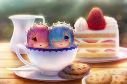 Rule 34 | 10s, 2girls, artist name, blue eyes, blue hair, cake, cake slice, chibi, chocolate chip cookie, cookie, cup, dej (shiori2525), food, fruit, hair ornament, hair over one eye, in container, in cup, looking at viewer, maid headdress, mini person, minigirl, multiple girls, open mouth, pink hair, plate, ram (re:zero), re:zero kara hajimeru isekai seikatsu, red eyes, rem (re:zero), shiori2525, siblings, sisters, spoon, strawberry, strawberry shortcake, sun flare, table, teacup, twins