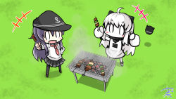 Rule 34 | 2girls, ahoge, akatsuki (kancolle), anchor symbol, animal crossing, artist name, black legwear, blush, commentary, commentary request, cooking, grill, grilling, hair between eyes, hat, holding, holding skewer, kantai collection, lawn, long hair, long sleeves, multiple girls, nintendo, northern ocean princess, nyonyonba tarou, open mouth, outdoors, purple hair, school uniform, skewer, skirt, smoke, standing, striped, tongue, tongue out