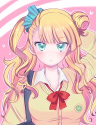 1girl bag blonde_hair blue_eyes blush curly_hair galko gyaru heart highres looking_at_viewer oshiete!_galko-chan school_uniform solo