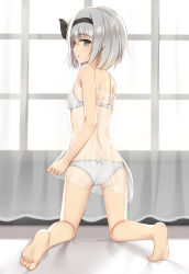 Rule 34 | 1girl, ass, bare arms, bare back, bare legs, bare shoulders, barefoot, black hairband, black ribbon, bow, bow panties, bra, breasts, commentary request, curtains, flan (seeyouflan), from behind, grey eyes, hair ribbon, hairband, highres, indoors, kneeling, konpaku youmu, looking at viewer, looking back, panties, parted lips, profile, ribbon, see-through, short hair, silver hair, small breasts, solo, thighs, touhou, underwear, underwear only, white bow, white bra, white panties, window