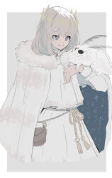 Rule 34 | 1boy, blue cloak, bug, cloak, closed mouth, cropped legs, diamond hairband, fate/grand order, fate (series), fur-trimmed cloak, fur trim, grey hair, highres, insect, kaigan0211, long sleeves, male focus, moth, oberon (fate), simple background, solo, tassel, two-tone background, white cloak