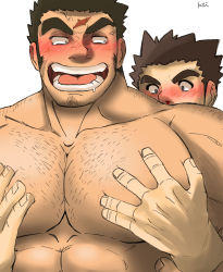 Rule 34 | 2boys, anger vein, bara, behind another, blush, chest hair, completely nude, couple, cross scar, dark-skinned male, dark skin, drooling, facial hair, grabbing, groping, hairy, highres, houzouin oniwaka, interracial, k ei3k, large pectorals, long sideburns, looking at another, male focus, protagonist 3 (housamo), mature male, mouth drool, multiple boys, muscular, muscular male, nipples, nude, open mouth, pectoral focus, pectoral grab, pectorals, scar, scar on face, scar on forehead, short hair, sideburns, solo focus, stubble, tearing up, thick eyebrows, tokyo houkago summoners, upper body, yaoi