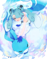 Rule 34 | 1girl, altaria, bare shoulders, blue gloves, blue hair, closed eyes, cofu 17, creatures (company), detached sleeves, double bun, flying miku (project voltage), game freak, gen 3 pokemon, gloves, gradient hair, hair bun, hair over one eye, hatsune miku, highres, long hair, looking at viewer, multicolored eyes, multicolored hair, nintendo, open mouth, pokemon, pokemon (creature), project voltage, see-through, see-through sleeves, twintails, very long hair, vocaloid, wind chime