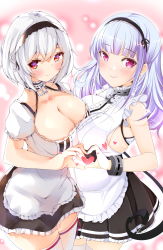 Rule 34 | 2girls, :&gt;, anchor choker, apron, azur lane, black hairband, black ribbon, black skirt, blush, bracelet, breast press, breasts, center frills, choker, cleavage, collaboration, commentary request, cowboy shot, crossed bangs, diamond earrings, dido (azur lane), dress, earrings, eyebrows hidden by hair, frilled apron, frilled choker, frilled dress, frilled shirt, frilled skirt, frills, hair between eyes, hairband, heart, heart hands, heart hands duo, highres, jewelry, lace-trimmed hairband, lace trim, large breasts, long hair, looking at viewer, maid, maid apron, maid headdress, multiple girls, origami aya, pink background, pleated skirt, puffy short sleeves, puffy sleeves, purple eyes, red eyes, ribbon, ribbon-trimmed legwear, ribbon trim, ryoutsu, shirt, short hair, short sleeves, sideboob, sidelocks, sirius (azur lane), skirt, sleeveless, sleeveless shirt, smile, sparkle, symmetrical docking, thighhighs, waist apron, white apron, white dress, white frills, white hair, white legwear, zettai ryouiki