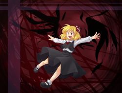 Rule 34 | 1girl, blonde hair, embodiment of scarlet devil, female focus, hair ribbon, hanjuku tomato, mary janes, outstretched arms, red eyes, ribbon, rumia, shoes, short hair, solo, spread arms, touhou