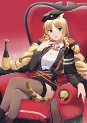 Rule 34 | 1girl, 7t, absurdres, animal ears, arknights, black footwear, black jacket, blonde hair, blue eyes, boots, bottle, breasts, brown thighhighs, chair, chinese commentary, collared shirt, cowboy shot, crossed legs, cup, drill hair, drinking glass, formal, hand to own mouth, highres, jacket, jacket on shoulders, long hair, looking at viewer, medium breasts, neck ribbon, open mouth, orange ribbon, parted bangs, patterned background, plaid, plaid neckwear, plaid ribbon, quad drills, red background, ribbon, shirt, side drill, sitting, smile, solo, suit, swire (arknights), tail, tail ornament, tail ring, thighhighs, thighs, throne, tiger ears, tiger tail, twintails, walkie-talkie, white shirt, wine bottle, wine glass, wing collar, yagasuri, zettai ryouiki