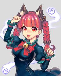 Rule 34 | 1girl, :d, animal ears, bad id, bad pixiv id, bell, blush, bow, braid, breasts, cat ears, cheong ha, dress, extra ears, fang, green dress, grey background, hair bow, hitodama, jingle bell, kaenbyou rin, long hair, long sleeves, looking at viewer, open mouth, paw pose, red eyes, red hair, simple background, smile, solo, touhou, twin braids