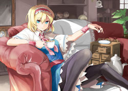 Rule 34 | 1girl, alice margatroid, black pantyhose, blonde hair, blue eyes, blush, bow, capelet, couch, emerane, female focus, hairband, leaf, looking at viewer, pantyhose, plant, potted plant, short hair, sitting, smile, solo, spoon, sugar cube, sunlight, tea, touhou, white background, wrist cuffs