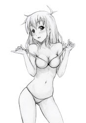 Rule 34 | 1girl, atomix, bare shoulders, blush, bra, breasts, cleavage, collarbone, female focus, monochrome, navel, panties, pulled by self, simple background, solo, standing, strap pull, tagme, underwear, underwear only, undressing, white background