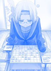 Rule 34 | 2girls, arm support, blue theme, blush, board game, breasts, chair, character request, cleavage, comic, commentary request, full body, getsuyoubi no tawawa, glasses, hair slicked back, hairband, hand on lap, hanging breasts, himura kiseki, indoors, kneehighs, large breasts, leaning forward, long sleeves, monochrome, multiple girls, neckerchief, no shoes, original, pillow, pleated skirt, rimless eyewear, school uniform, serafuku, shoes, short hair, shogi, silent comic, silhouette, skirt, sleeves past wrists, sliding doors, socks, solo focus, table, tareme, tatami, teardrop, thinking, uwabaki