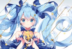 Rule 34 | 1girl, antenna hair, arami o 8, bare shoulders, blue bow, blue dress, blue eyes, blue hair, blue nails, blush, bow, closed mouth, collarbone, commentary, constellation, detached sleeves, dress, fingernails, frilled dress, frilled sleeves, frills, gradient background, hair bow, hair intakes, hatsune miku, long hair, long sleeves, looking at viewer, nail polish, smile, snowflakes, solo, star (symbol), star in eye, symbol-only commentary, symbol in eye, treble clef, twintails, upper body, very long hair, vocaloid, white background, yuki miku, yuki miku (2017)