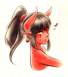 Rule 34 | 1girl, black hair, close-up, colored skin, demon girl, earrings, facial mark, female focus, from side, gradient background, heart, horns, jewelry, long hair, looking at viewer, naughty face, original, pointy ears, red skin, simple background, solo, synth (iahfy), tongue, tongue out, upper body, white background, yellow eyes