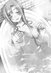 Rule 34 | 1girl, asuna (sao), bathing, bathtub, blush, breasts, bunbun, closed eyes, collarbone, completely nude, from above, greyscale, hair censor, hair over breasts, highres, indoors, long hair, medium breasts, monochrome, novel illustration, nude, official art, open mouth, partially submerged, solo, steam, sword art online, sword art online progressive