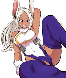 Rule 34 | 1girl, :d, animal ears, arm behind head, armpits, bare shoulders, blush, boku no hero academia, breasts, covered navel, crescent print, crotch seam, dark-skinned female, dark skin, dashi (dashiart), feet out of frame, fur collar, gloves, grin, highleg, highleg leotard, highres, knee up, large breasts, leotard, long eyelashes, long hair, looking at viewer, mirko, mons pubis, muscular, muscular female, open mouth, parted bangs, patreon username, purple thighhighs, rabbit ears, rabbit girl, raised eyebrow, red eyes, simple background, sitting, sleeveless turtleneck leotard, smile, solo, taut leotard, teeth, thighhighs, thighs, white background, white gloves, white hair, white leotard