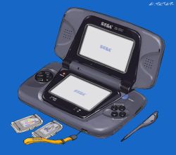 Rule 34 | artist name, blue background, buttons, cartridge, commentary, fusion, handheld game console, highres, logo, no humans, peter (peter6409), puyopuyo, realistic, sega, sega game gear, signature, sonic (series), strap, stylus