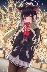 Rule 34 | 1girl, absurdres, black hair, black jacket, black pantyhose, blue archive, brown scarf, christmas tree, colored inner animal ears, colored inner hair, commentary request, covering mouth, ears down, gift, halo, highres, holding, holding gift, hood, hood down, hooded jacket, jacket, kazusa (blue archive), long sleeves, looking at viewer, multicolored hair, pantyhose, pink hair, pink halo, puffy long sleeves, puffy sleeves, rama (yu-light8), red eyes, scarf, skirt, solo, white skirt