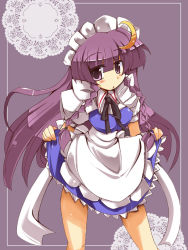Rule 34 | 1girl, :&lt;, alternate costume, clothes grab, cosplay, crescent, crescent hair ornament, doily, enmaided, female focus, hair ornament, hat, izayoi sakuya, izayoi sakuya (cosplay), long hair, maid, maid headdress, patchouli knowledge, purple eyes, purple hair, shirogane (platinum), solo, touhou