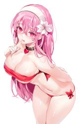 Rule 34 | 1girl, absurdres, bikini, blush, breasts, choker, cleavage, flower, flower on head, from above, headband, heart, highres, large breasts, leaning forward, licking lips, looking at viewer, navel, original, pink eyes, pink flower, pink hair, ribbon, simple background, solo, string bikini, swimsuit, tagme, thick thighs, thighs, tongue, tongue out, underboob, white background, zerocat