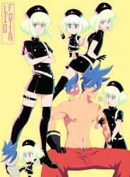 Rule 34 | 2boys, angry, arm hug, asymmetrical hair, bandages, belt, black dress, black gloves, black thighhighs, blue eyes, blue hair, blue pubic hair, blush, character name, chibi, chibi inset, commentary, crossdressing, crossed arms, dress, english commentary, floating hair, full-face blush, galo thymos, gloves, half gloves, hat, holding, holding syringe, implied erection, kitsune23star, lio fotia, male focus, mohawk, multiple boys, multiple views, muscular, muscular male, nipples, nurse, nurse cap, open mouth, pants, promare, pubic hair, pubic hair peek, red pants, scar, sidecut, sidelocks, sitting, solo focus, spread legs, standing, sweat, syringe, thigh belt, thigh strap, thighhighs, topless male, trap, undercut, v-shaped eyebrows, white belt, yellow background, zettai ryouiki