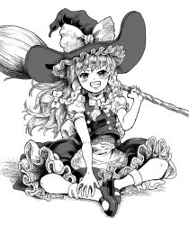 Rule 34 | 1girl, :d, apron, blush, bow, braid, broom, butterfly sitting, commentary request, dress, frills, full body, greyscale, grin, hair bow, hand on own leg, happy, hat, highres, holding, holding broom, kirisame marisa, kusama takato, long hair, looking at viewer, monochrome, open mouth, puffy sleeves, short sleeves, sidelocks, simple background, sitting, smile, socks, solo, teeth, touhou, v-shaped eyebrows, waist apron, witch hat