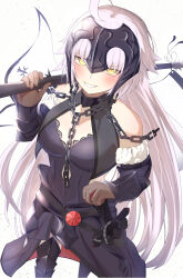 Rule 34 | 1girl, armor, bare shoulders, black gloves, blush, breasts, chain, cleavage, clothing cutout, elbow gloves, fate/grand order, fate (series), fur trim, gauntlets, gloves, headpiece, highres, jeanne d&#039;arc alter (avenger) (fate), jeanne d&#039;arc alter (avenger) (third ascension) (fate), jeanne d&#039;arc alter (fate), large breasts, long hair, looking at viewer, simple background, smile, solo, sword, thighhighs, umi endu, very long hair, weapon, white background, yellow eyes