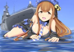 Rule 34 | 10s, 1girl, aoki hagane no arpeggio, bell, black dress, blue ribbon, breasts, brown eyes, brown hair, cleavage, dress, highres, ise (aoki hagane no arpeggio), ise (battleship), jingle bell, ju (old505), large breasts, long hair, military, military vehicle, necktie, ocean, off shoulder, open mouth, ribbon, ship, solo, warship, watercraft