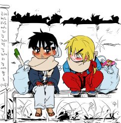 Rule 34 | 2boys, aged down, athanjccgg, bag, black hair, blonde hair, blush stickers, dougi, eyelashes, forked eyebrows, frown, headband, highres, huge eyebrows, jacket, ken masters, korean text, looking at another, looking to the side, male focus, medium hair, multiple boys, on bench, plastic bag, runny nose, ryu (street fighter), scarf, sitting, sketch background, snot, spring onion, street fighter, translation request, winter, yaoi