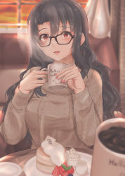 Rule 34 | 1girl, absurdres, black hair, blurry, breasts, commentary request, cream, cup, depth of field, food, fruit, glasses, hedgehog, highres, holding, holding cup, idolmaster, idolmaster million live!, indoors, izuminnu, long hair, looking at viewer, medium breasts, mug, pancake, parted lips, pov, red eyes, solo focus, souffle (food), souffle pancake, strawberry, sweater, takayama sayoko