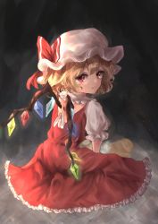 Rule 34 | 1girl, blonde hair, crystal, dress, fang, flandre scarlet, frilled sleeves, frills, from behind, hat, highres, medium hair, mob cap, mouryou (chimimouryou), one side up, puffy short sleeves, puffy sleeves, red dress, red eyes, short sleeves, sitting, slit pupils, solo, stuffed animal, stuffed toy, teddy bear, touhou, white hat