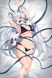 Rule 34 | 1girl, animal ear fluff, animal ears, arknights, armpits, arms up, bare arms, bikini, black bikini, bluerabbit gap, breasts, commentary, feet out of frame, grey eyes, groin, highres, large breasts, leopard ears, leopard tail, long hair, navel, pramanix (arknights), silver hair, solo, stomach, swimsuit, tail, thighs, very long hair