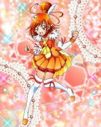 Rule 34 | 1girl, boots, choker, clenched hands, cure sunny, earrings, full body, hair bun, highres, hino akane (smile precure!), jewelry, long hair, magical girl, official art, open mouth, orange choker, orange skirt, pleated skirt, pouch, precure, precure connection puzzlun, red eyes, red hair, skirt, smile, smile precure!, solo, thigh boots, third-party source, white footwear