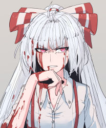 Rule 34 | 1girl, antenna hair, blood, blood from mouth, blood on clothes, blood on face, blood on hands, blue hair, bow, collared shirt, commentary request, dress shirt, frown, fujiwara no mokou, furrowed brow, grey background, grey shirt, hair bow, hakuro109, highres, long hair, looking at viewer, parted lips, pink eyes, shirt, simple background, solo, suspenders, touhou, wing collar, wiping mouth