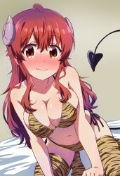 Rule 34 | 1girl, ahoge, all fours, alternate costume, animal print, bare arms, bare shoulders, bikini, blush, breasts, breasts squeezed together, brown eyes, brown hair, cleavage, closed mouth, collarbone, commentary request, curled horns, curvy, demon girl, demon horns, demon tail, embarrassed, eyelashes, fang, flying sweatdrops, foreshortening, full-face blush, hair between eyes, halterneck, highres, horns, indoors, large breasts, leaning forward, long hair, looking at viewer, machikado mazoku, mukaibi aoi, no shoes, on bed, side-tie bikini bottom, sidelocks, simple background, skin fang, smile, solo, sweatdrop, swimsuit, tail, tail raised, tareme, thighhighs, tiger print, tiptoes, wavy hair, yellow bikini, yellow thighhighs, yoshida yuuko (machikado mazoku)