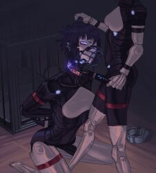 Rule 34 | 2girls, android, baton (weapon), black hair, blue sclera, bowl, cage, collar, colored sclera, commentary, english commentary, english text, grabbing another&#039;s hair, head out of frame, highres, joints, mechanical arms, mechanical legs, mold lover666, multiple girls, muzzle, pet bowl, red eyes, robot joints, signalis, star (signalis), stun baton, weapon, yuri