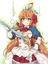 Rule 34 | 1girl, armor, armored dress, blue eyes, blush, breasts, buttons, cleavage, commentary request, food in mouth, gloves, hair ribbon, highres, holding, holding sword, holding weapon, large breasts, long hair, looking at viewer, orange hair, pecorine (princess connect!), pkpkpppk, princess connect!, ribbon, simple background, smile, solo, split mouth, sword, tiara, weapon