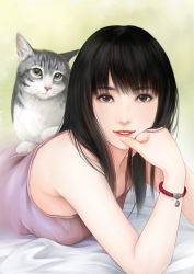 Rule 34 | 1girl, animal, bare shoulders, bed sheet, black eyes, black hair, bracelet, breasts, camisole, cat, elbow rest, hand on own cheek, hand on own face, highres, jewelry, lips, looking at viewer, lying, on stomach, original, parted lips, realistic, satochi (1122), solo, upper body