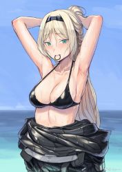 Rule 34 | 1girl, alternate breast size, an-94 (girls&#039; frontline), aqua eyes, armpits, arms up, bikini, bikini top only, black bikini, blonde hair, blue sky, blush, breasts, cleavage, closed mouth, day, diving suit, girls&#039; frontline, hairband, highres, horizon, kuro (zhurunbo1997), long hair, looking at viewer, medium breasts, mouth hold, ocean, outdoors, ponytail, sky, solo, swimsuit, tying hair, weibo watermark, wet, wet hair