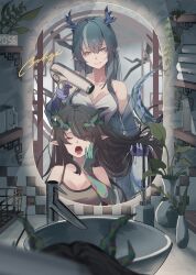 2girls absurdres arknights blurry breasts cleavage clock collarbone commentary_request cup digital_clock dragon_girl dragon_horns dragon_tail dusk_(arknights) faucet gloves green_gloves grin hair_dryer hair_over_one_eye half-closed_eyes hand_up highres holding holding_another&#039;s_hair holding_hair_dryer horns indoors kokawaaokawa ling_(arknights) mirror mug multiple_girls open_mouth plant pointy_ears potted_plant reflection shelf shirt sleeveless sleeveless_shirt smile tail teeth tongue towel yawning