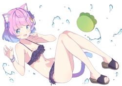 Rule 34 | 1girl, :3, animal ears, bikini, black bikini, blue eyes, blue hair, bow, breasts, cat ears, cat girl, cat tail, cleavage, commentary request, fang, frilled bikini, frills, full body, hair bow, highres, kanzaki hiro, medium breasts, medium hair, navel, open mouth, original, pink hair, sandals, smile, solo, swimsuit, tail, water