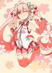 Rule 34 | 1girl, bad id, bad pixiv id, boots, cherry, cherry blossoms, detached sleeves, food, fruit, hatsune miku, inja, jumping, long hair, nail polish, necktie, one eye closed, pink background, pink eyes, pink footwear, pink hair, sakura miku, skirt, smile, solo, thighhighs, very long hair, vocaloid, wince, wink, zettai ryouiki