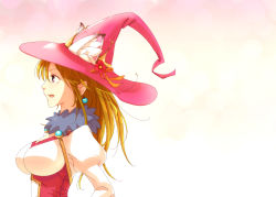Rule 34 | 1girl, animal ear fluff, animal ear headwear, animal ears, breasts, brown hair, cat ears, commentary request, dress, fake animal ears, hair between eyes, hat, juliet sleeves, large breasts, long hair, long sleeves, looking afar, official alternate costume, open mouth, pink hat, profile, puffy sleeves, purple eyes, ragnarok online, red dress, saishichi, solo, sorcerer (ragnarok online), two-tone dress, upper body, white dress, witch hat