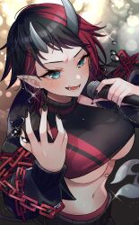 Rule 34 | 1girl, absurdres, black hair, black jacket, black nails, black sports bra, blue eyes, blush, breasts, commentary request, cropped jacket, demon girl, demon horns, demon tail, ear chain, ear piercing, earrings, highres, holding, holding microphone, horns, jacket, jewelry, koguma poistar, large breasts, looking at viewer, microphone, multicolored hair, nail polish, nanashi inc., open clothes, open jacket, open mouth, piercing, pointy ears, red hair, ryugasaki rene, ryugasaki rene (1st costume), short hair, smile, solo, sports bra, sugar lyric, sweat, tail, two-tone hair, two-tone sports bra, underboob, upper body, virtual youtuber, zipper